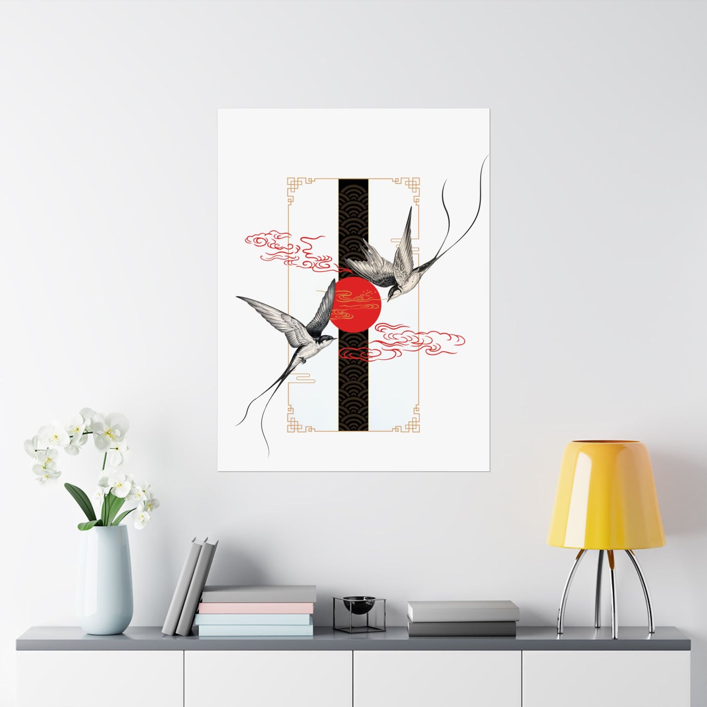 Asian-Inspired Vertical Poster – Swallows & Red Sun