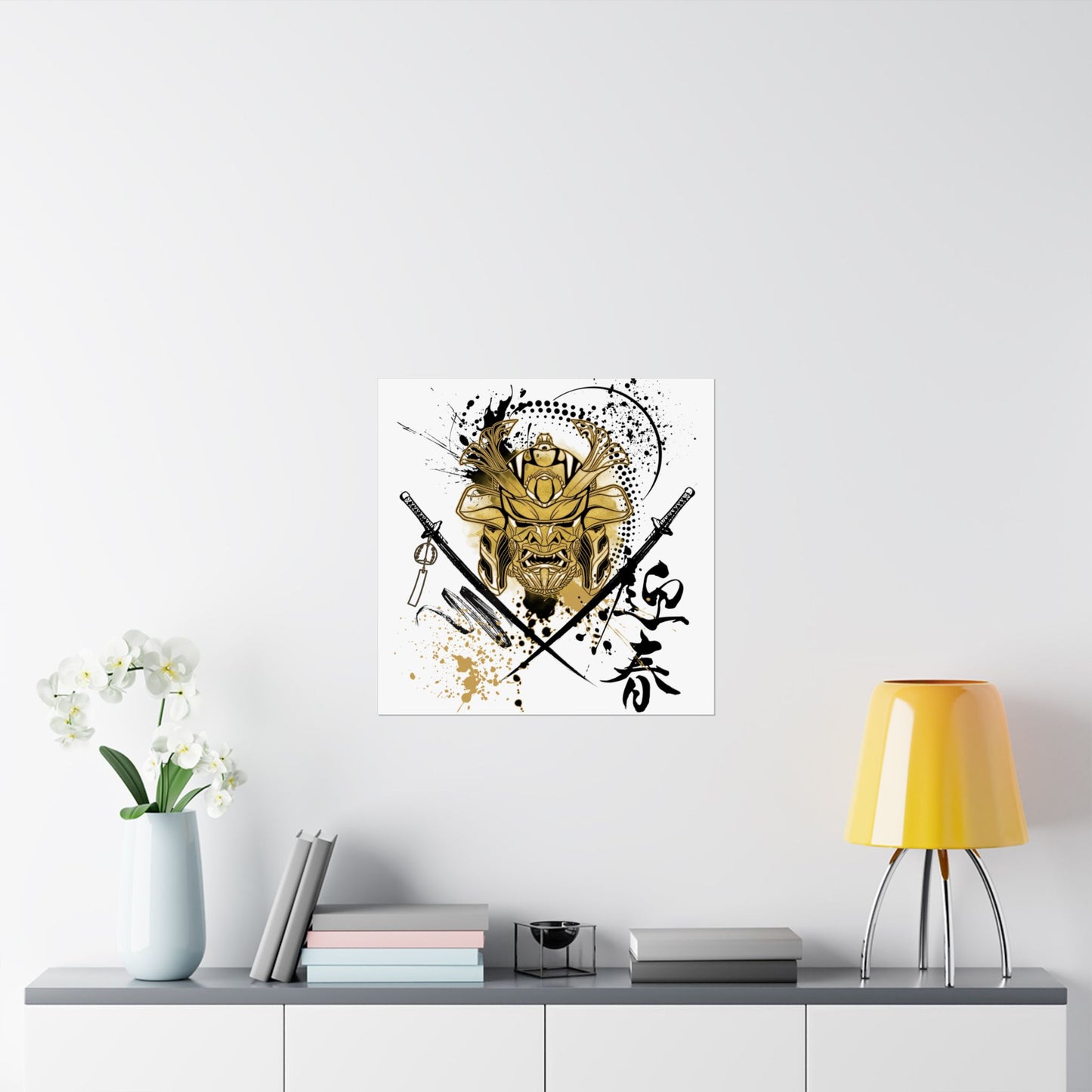 Samurai Warrior Helmet & Katanas Poster – Japanese Stencil Art