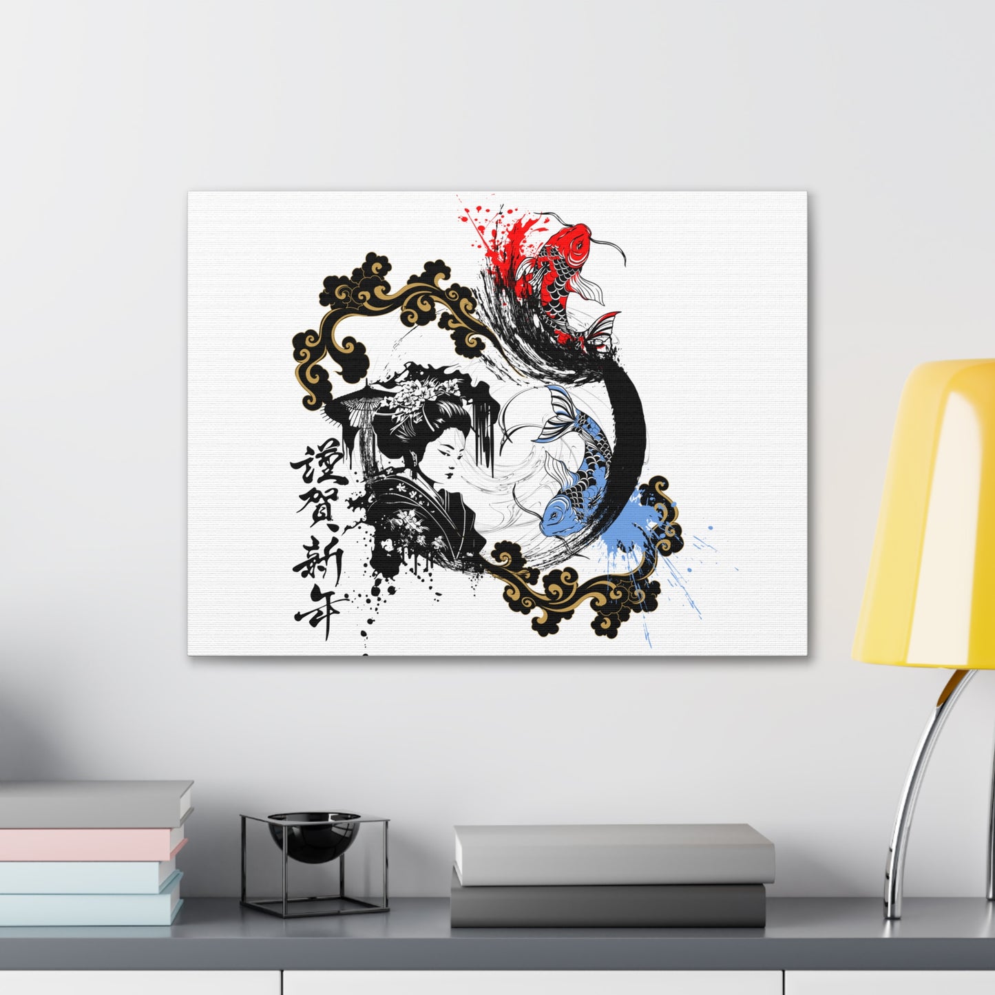 Japanese Ink Fusion Canvas Wrap - Geisha and Koi Fish Design