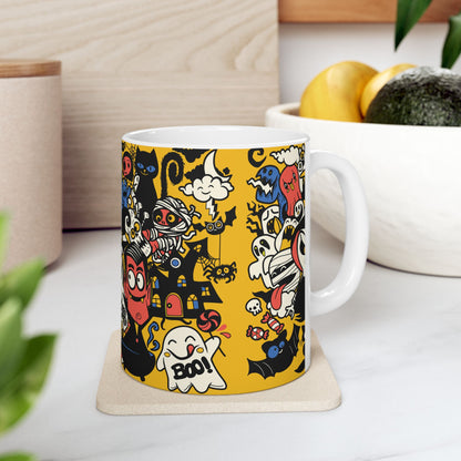 Taza de cerámica para café con collage de garabatos de Halloween