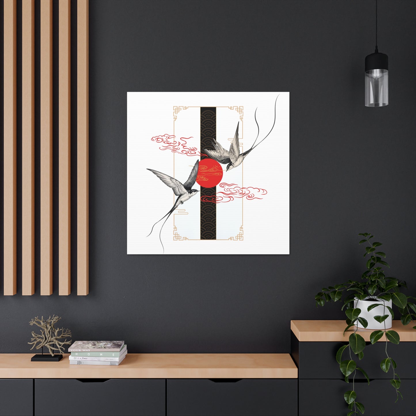 Asian-Inspired Canvas Wrap – Swallows & Red Sun Wall Art