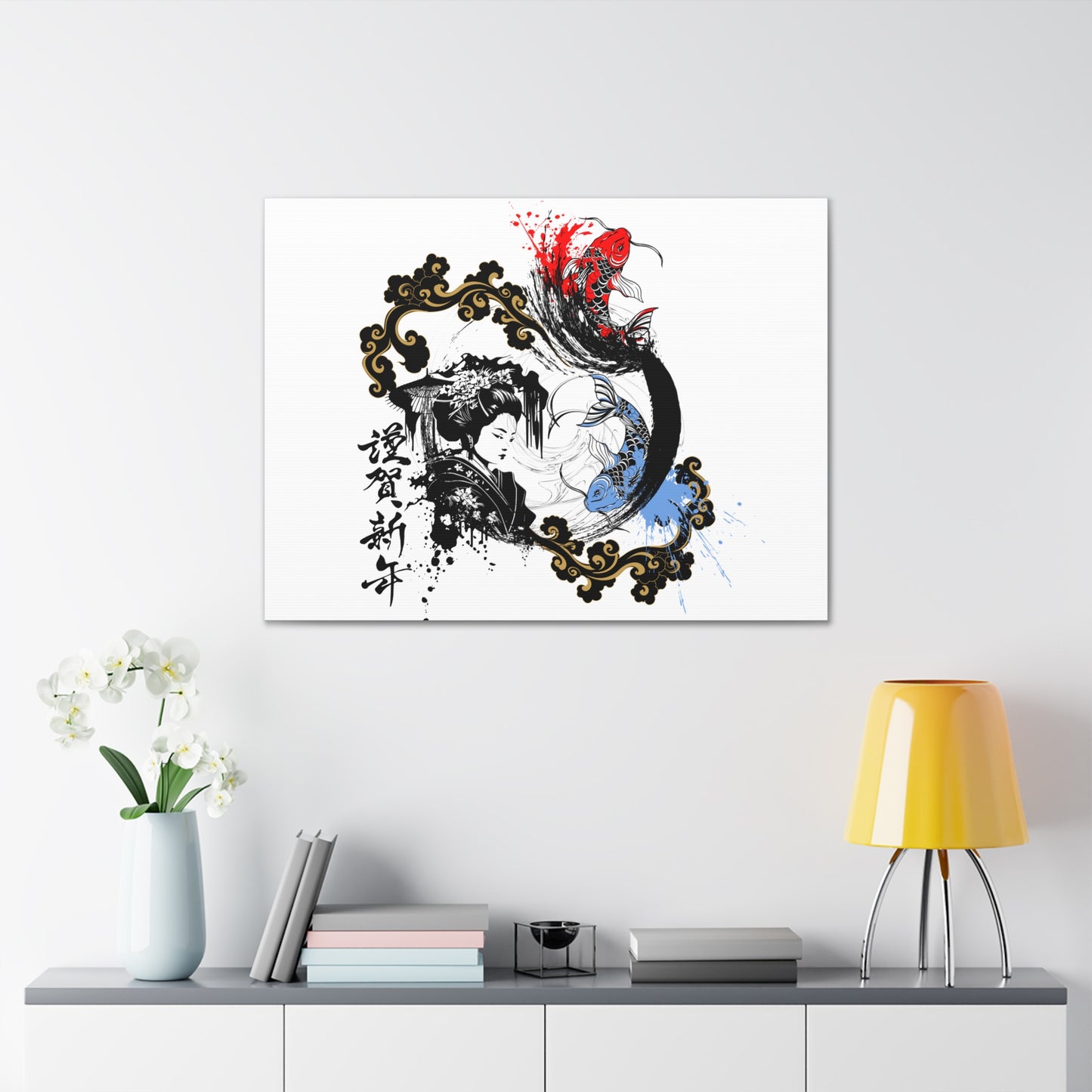 Japanese Ink Fusion Canvas Wrap - Geisha and Koi Fish Design