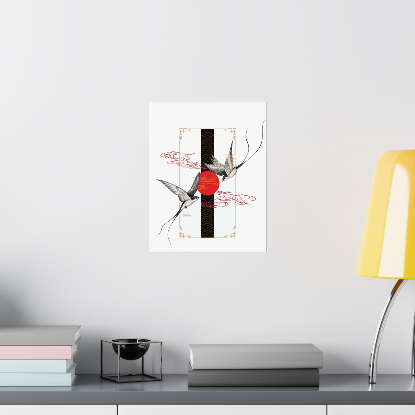 Asian-Inspired Vertical Poster – Swallows & Red Sun