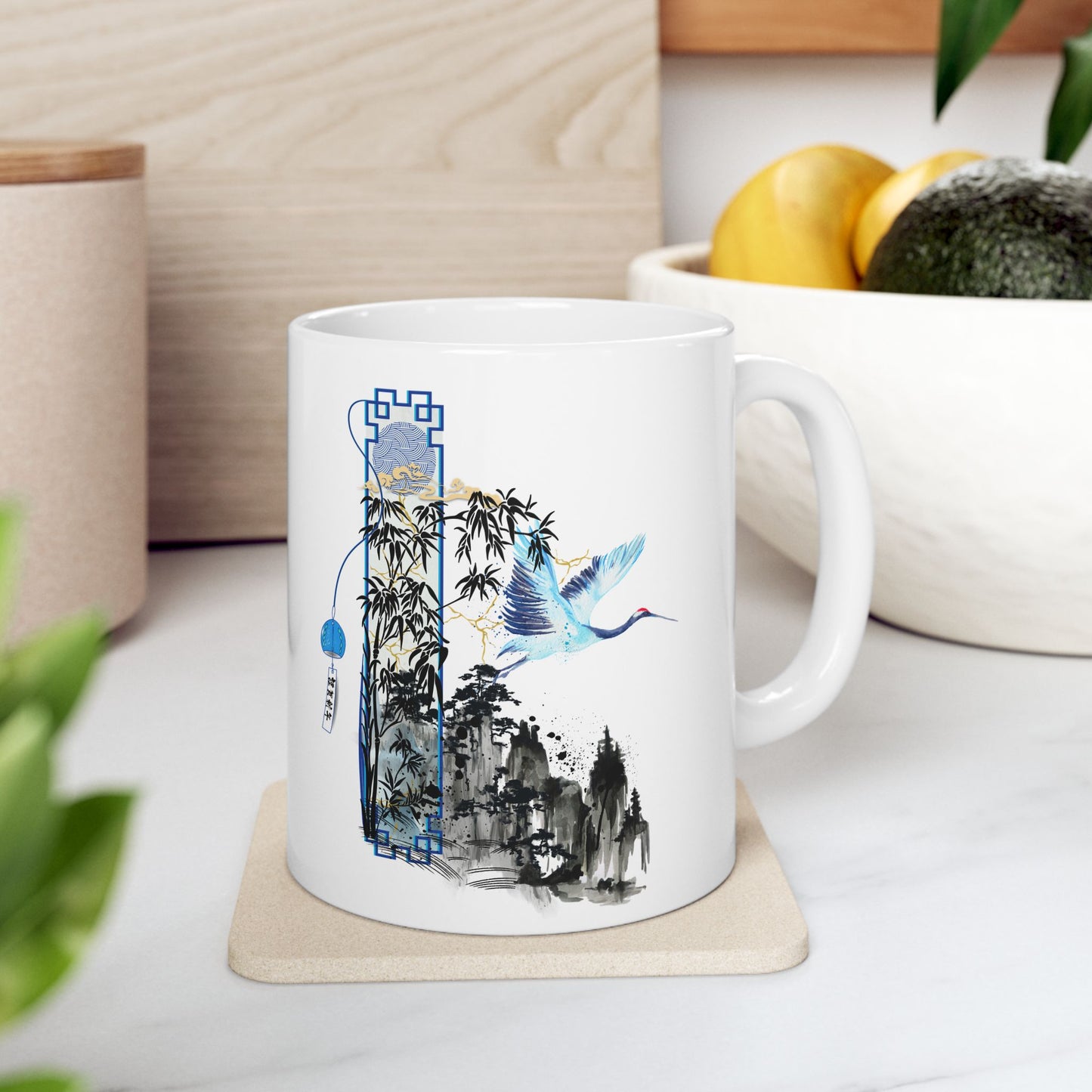 Taza de cerámica "Serene Crane" - Diseño de grúa tranquila (325 ml/440 ml)