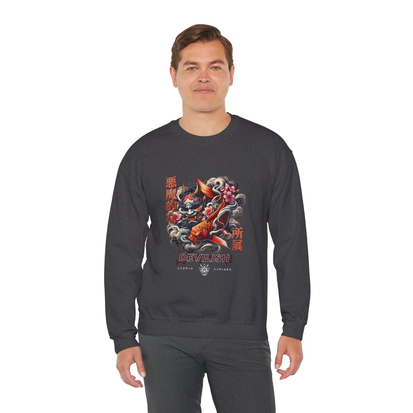 Japanese Oni Mask & Koi Fish Graphic Crewneck Sweatshirt