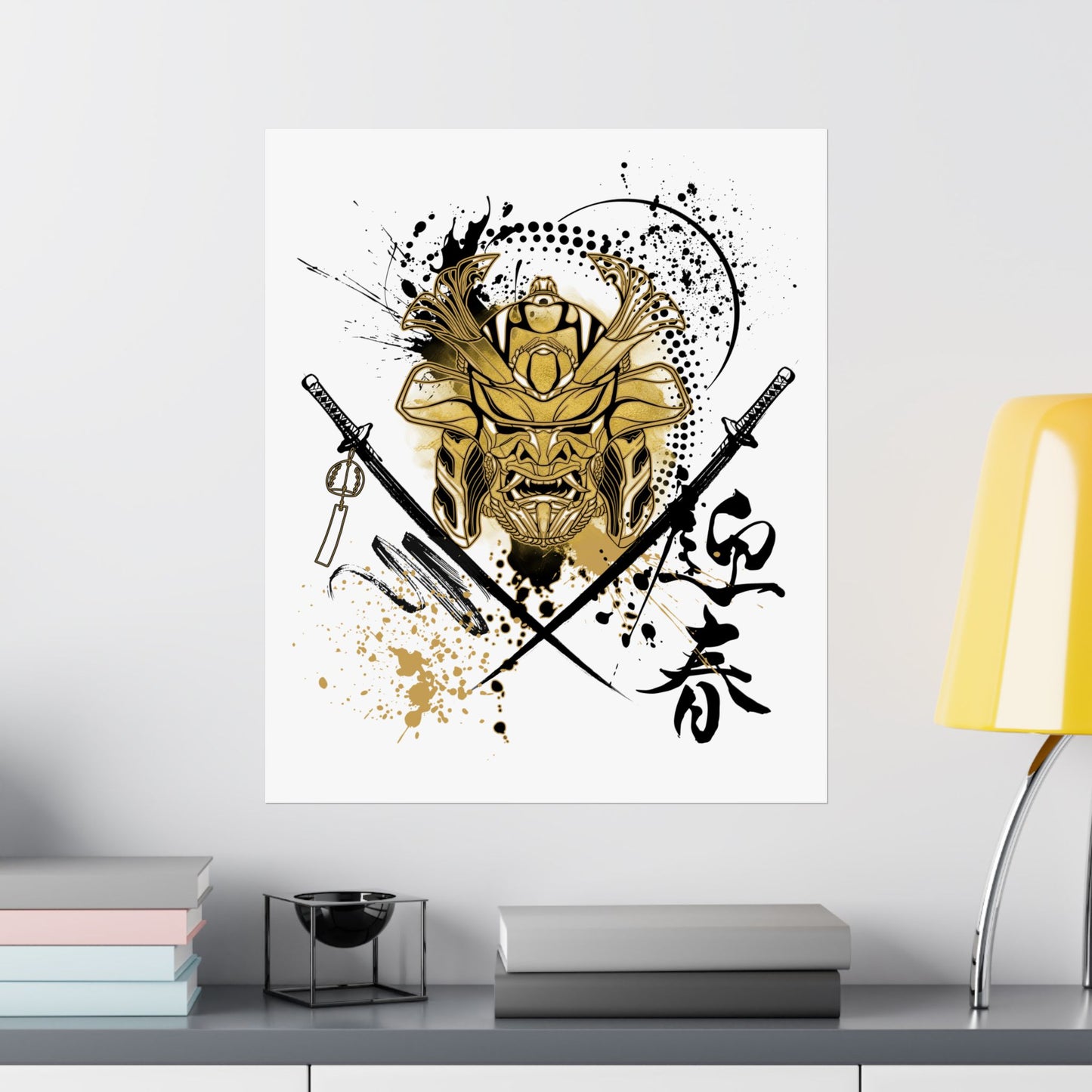 Samurai Warrior Helmet & Katanas Poster – Japanese Stencil Art