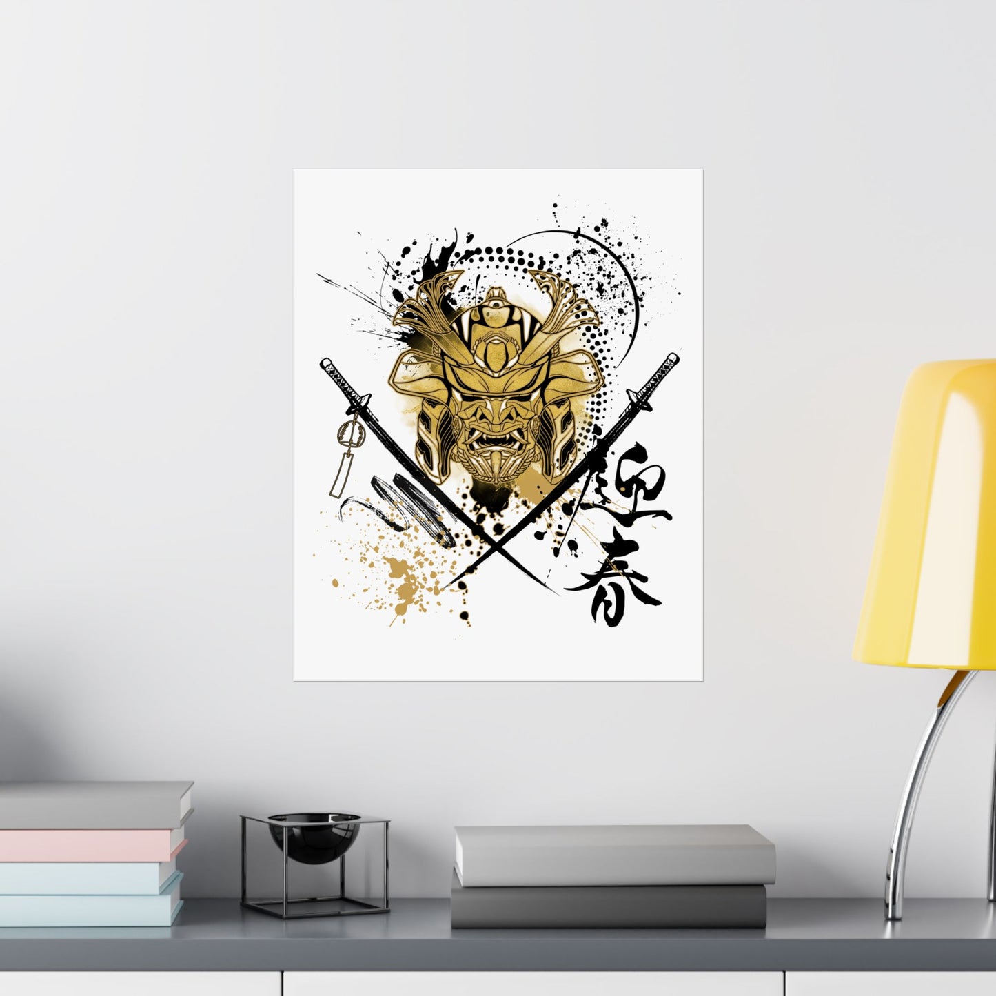 Samurai Warrior Helmet & Katanas Poster – Japanese Stencil Art