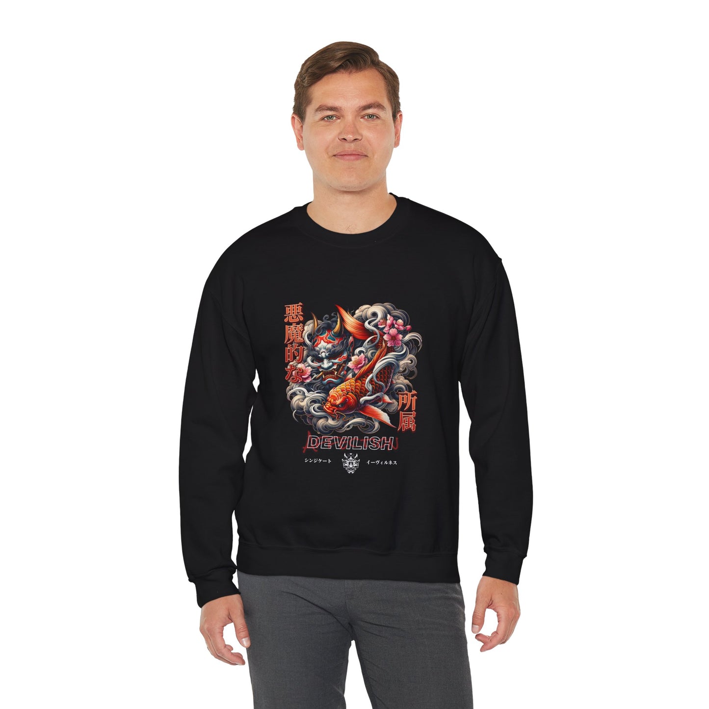 Japanese Oni Mask & Koi Fish Graphic Crewneck Sweatshirt