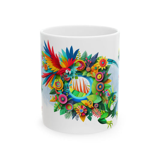 Taza de café con iguana y guacamayo - Vibrante ambiente tropical