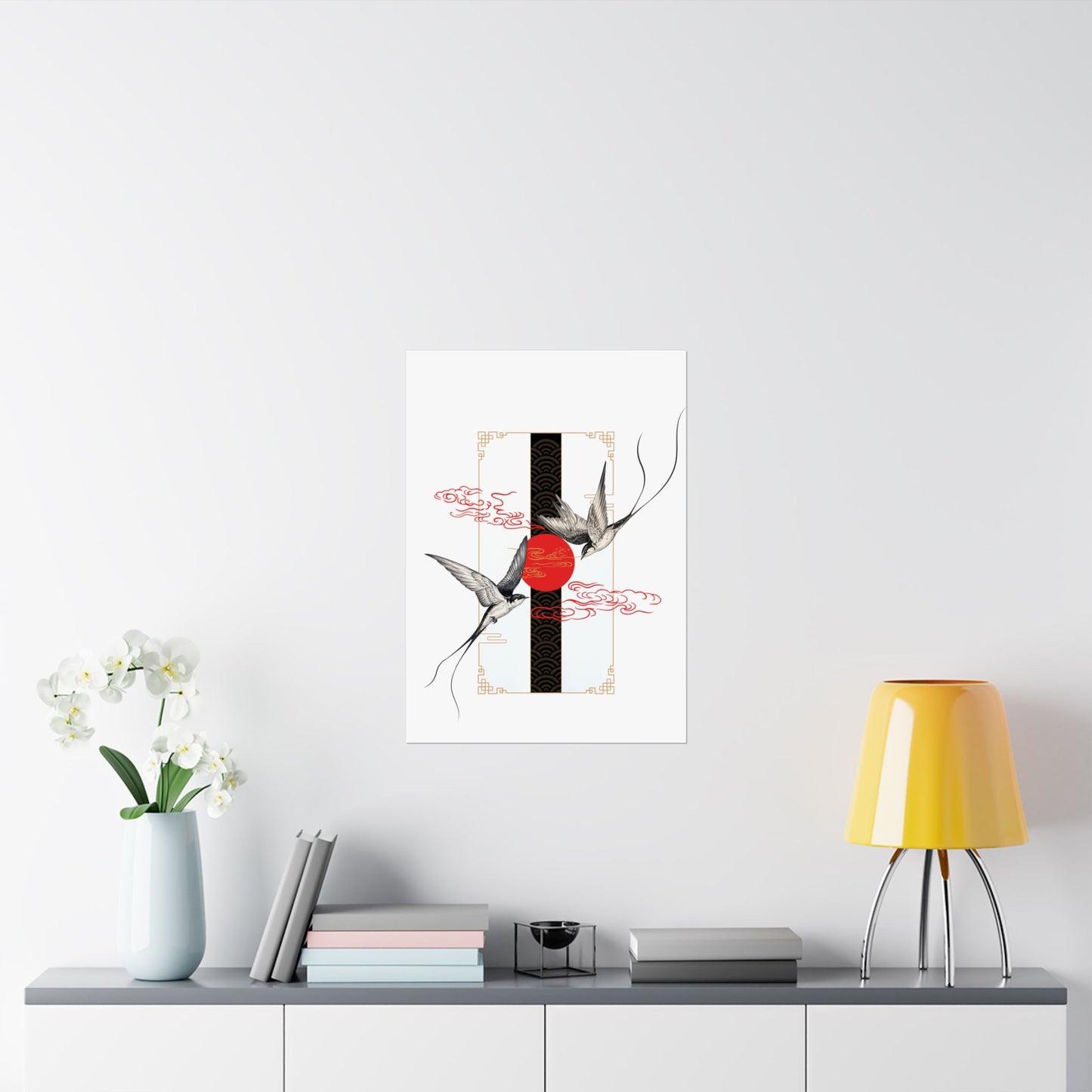 Asian-Inspired Vertical Poster – Swallows & Red Sun