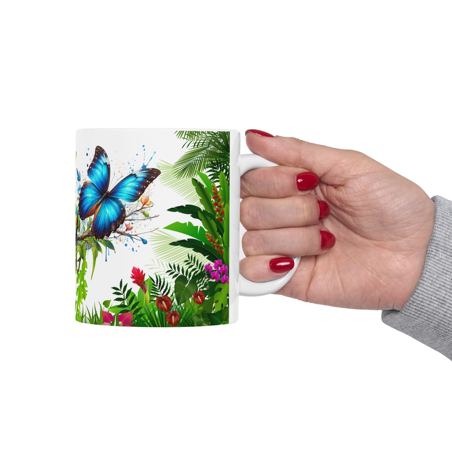 Taza de café con tucán y mariposa - Vibras tropicales