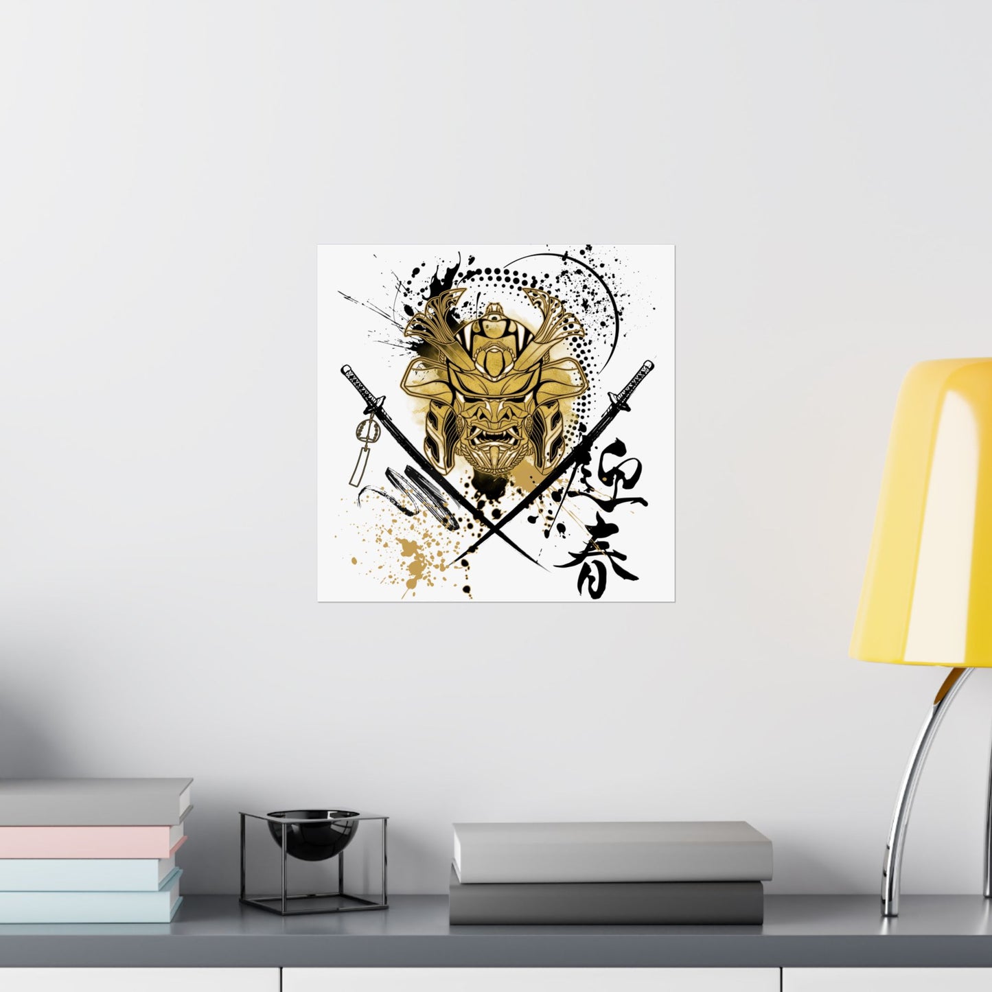 Samurai Warrior Helmet & Katanas Poster – Japanese Stencil Art