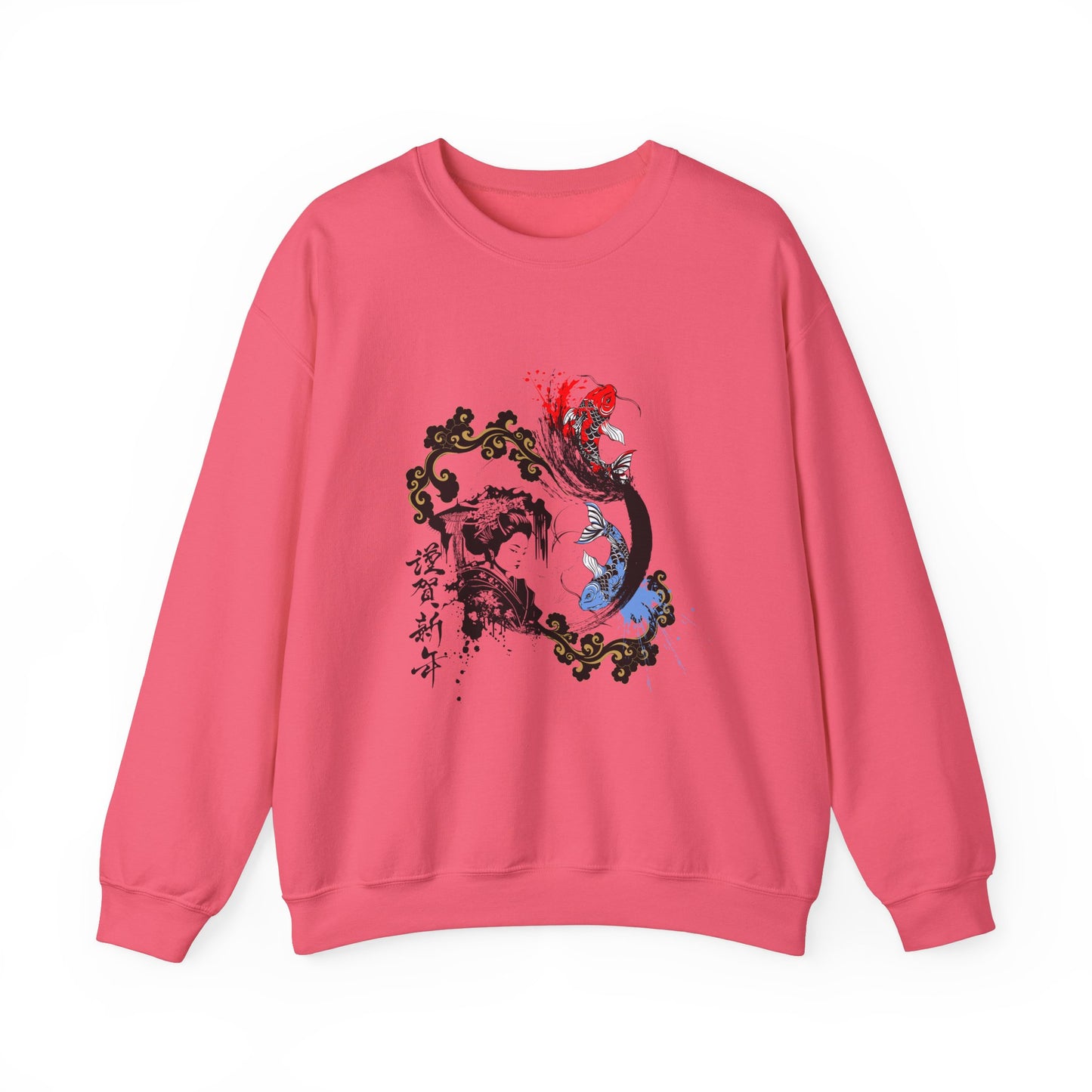 Sudadera unisex con diseño de geisha y koi con fusión de tinta japonesa