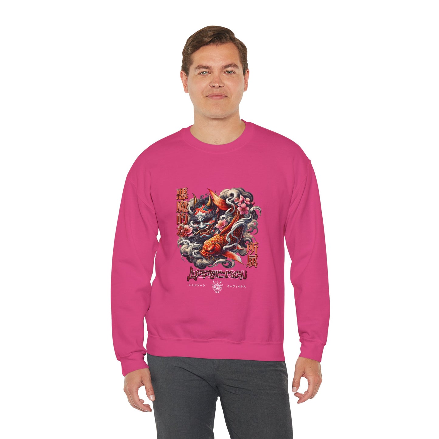 Japanese Oni Mask & Koi Fish Graphic Crewneck Sweatshirt