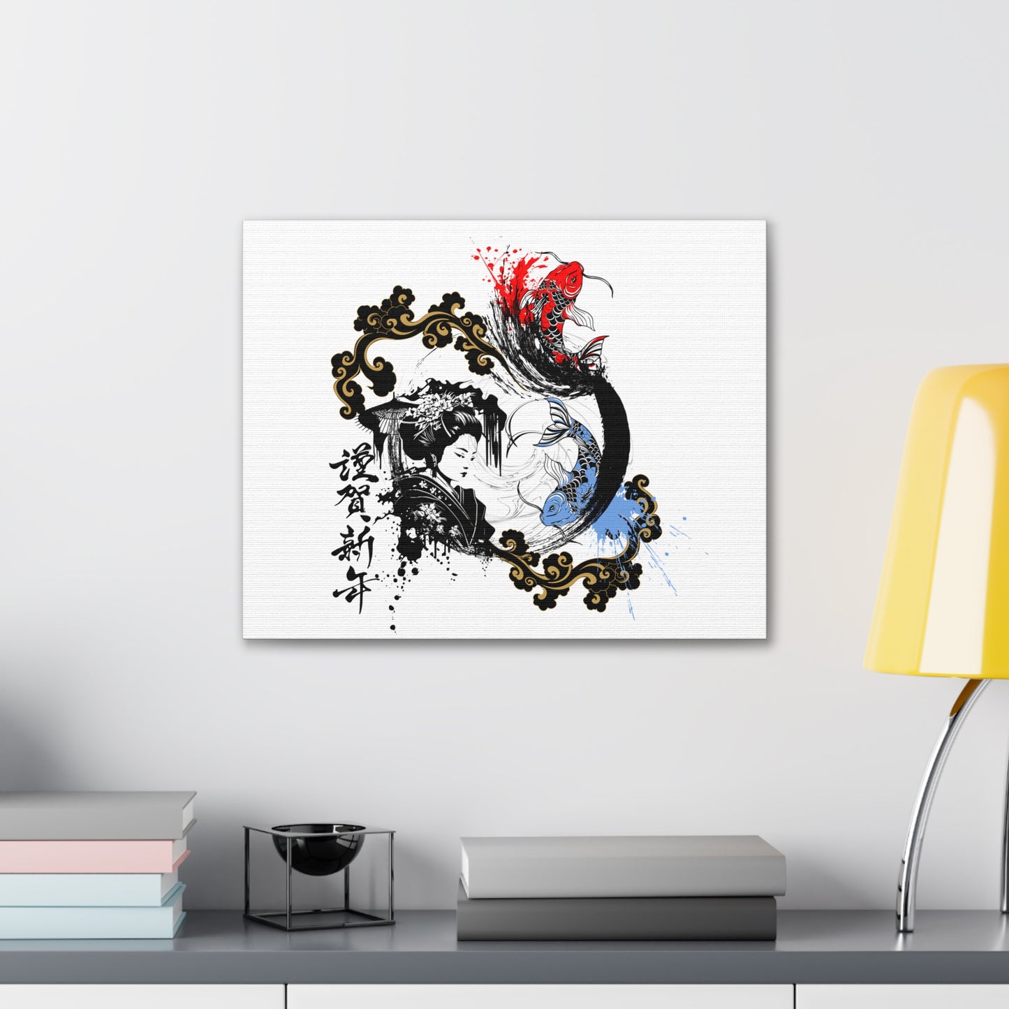 Japanese Ink Fusion Canvas Wrap - Geisha and Koi Fish Design