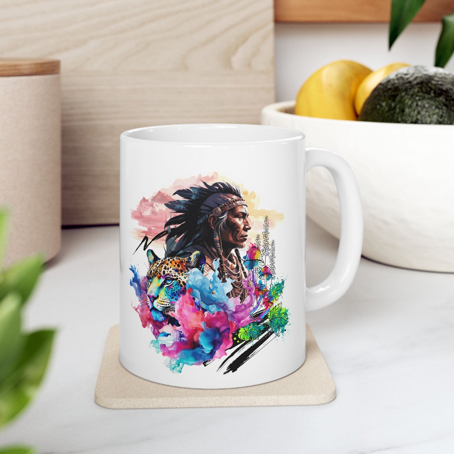 Taza de cerámica con espíritu chamán y jaguar: el regalo perfecto para los amantes del arte. 