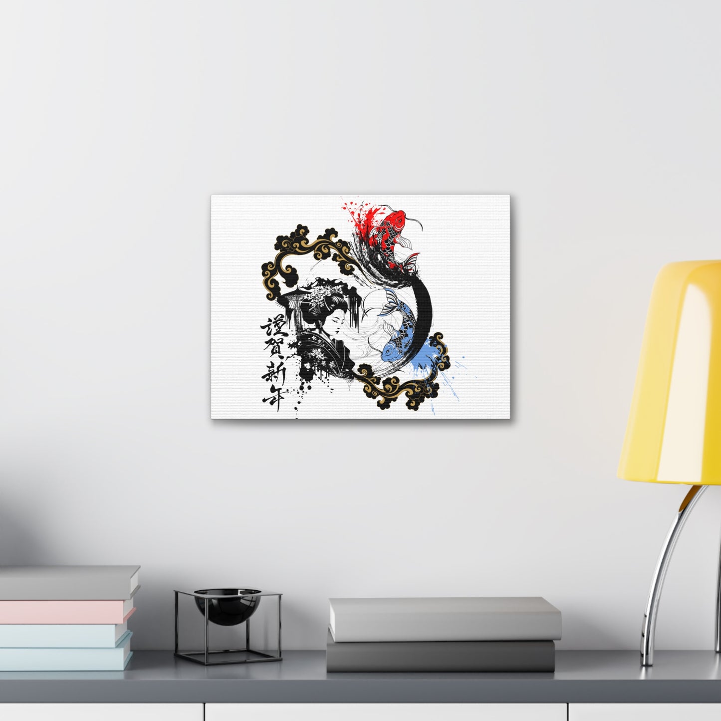 Japanese Ink Fusion Canvas Wrap - Geisha and Koi Fish Design