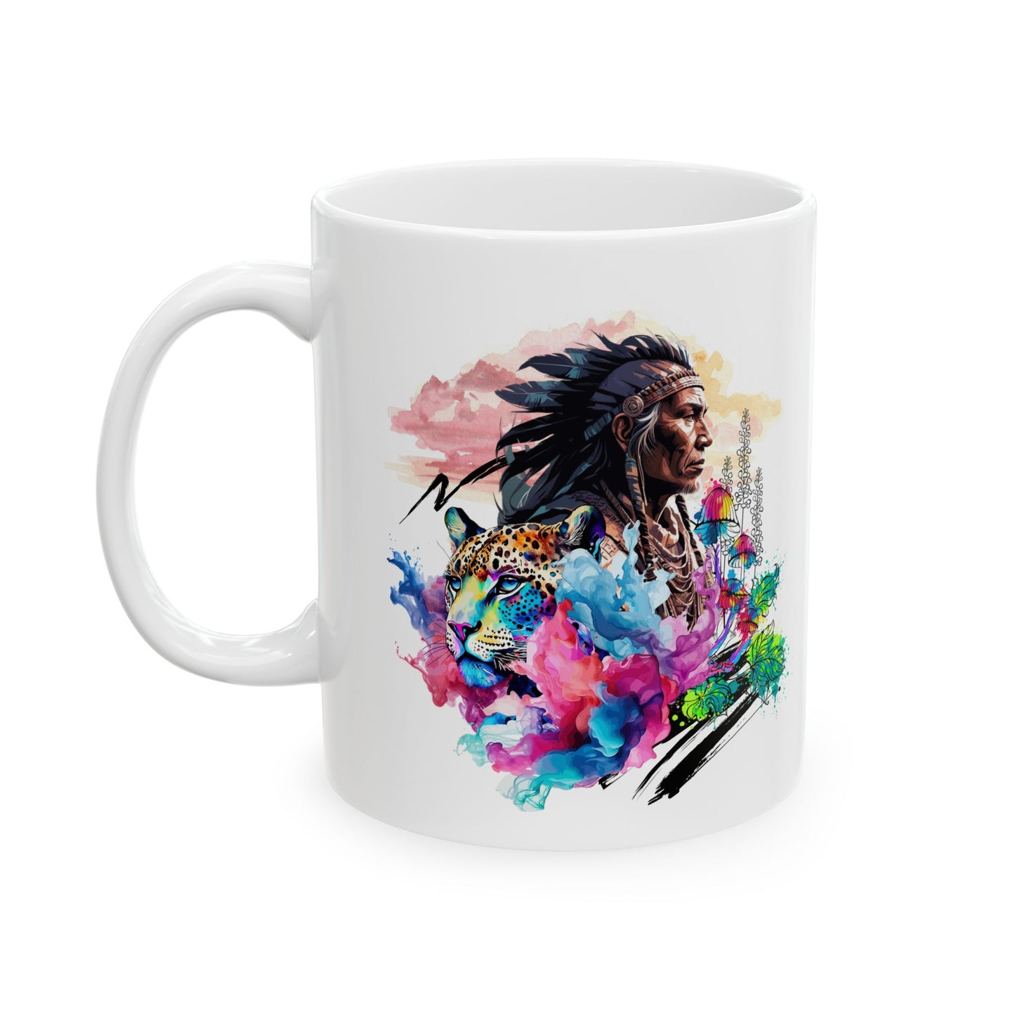 Taza de cerámica con espíritu chamán y jaguar: el regalo perfecto para los amantes del arte. 