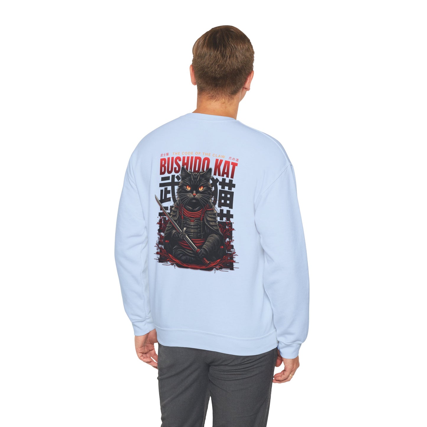 Sudadera con cuello redondo y diseño de gato Bushido – Cat Warrior Design