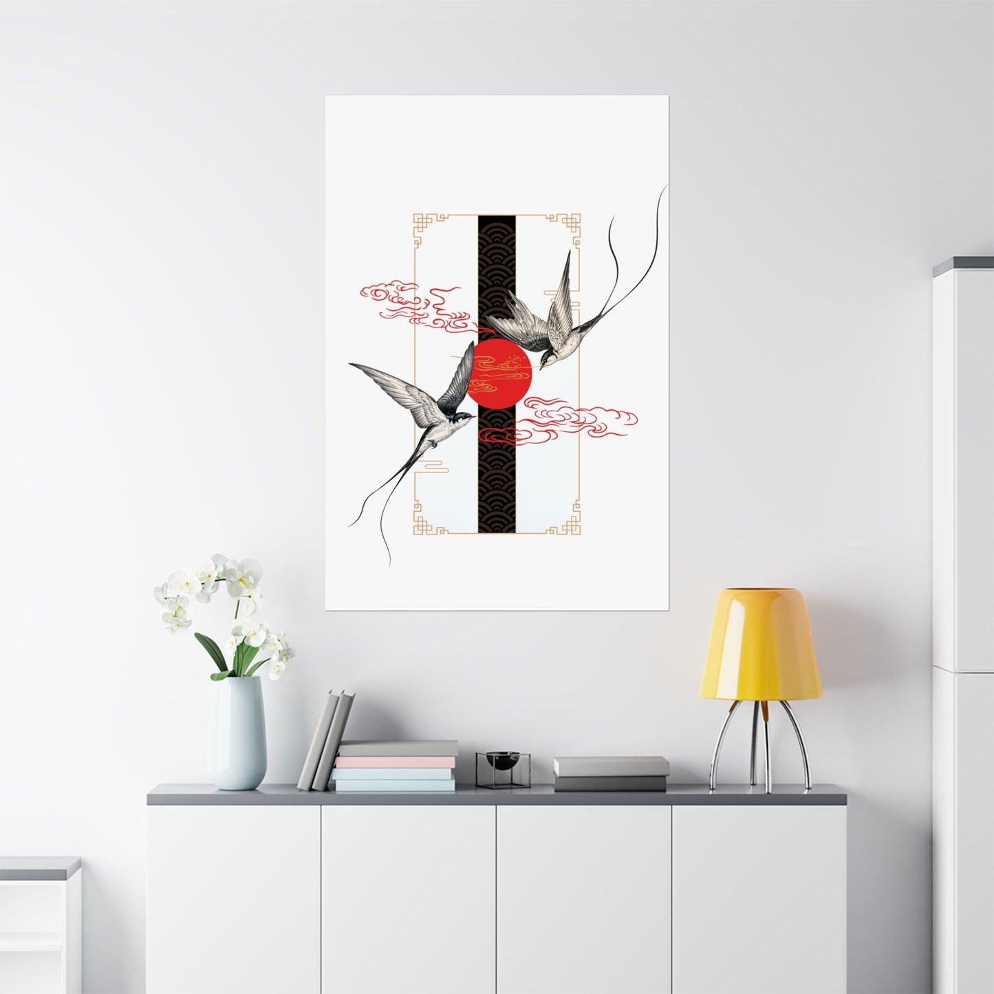 Asian-Inspired Vertical Poster – Swallows & Red Sun