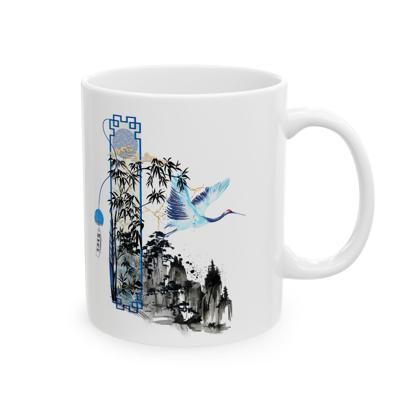 Taza de cerámica "Serene Crane" - Diseño de grúa tranquila (325 ml/440 ml)