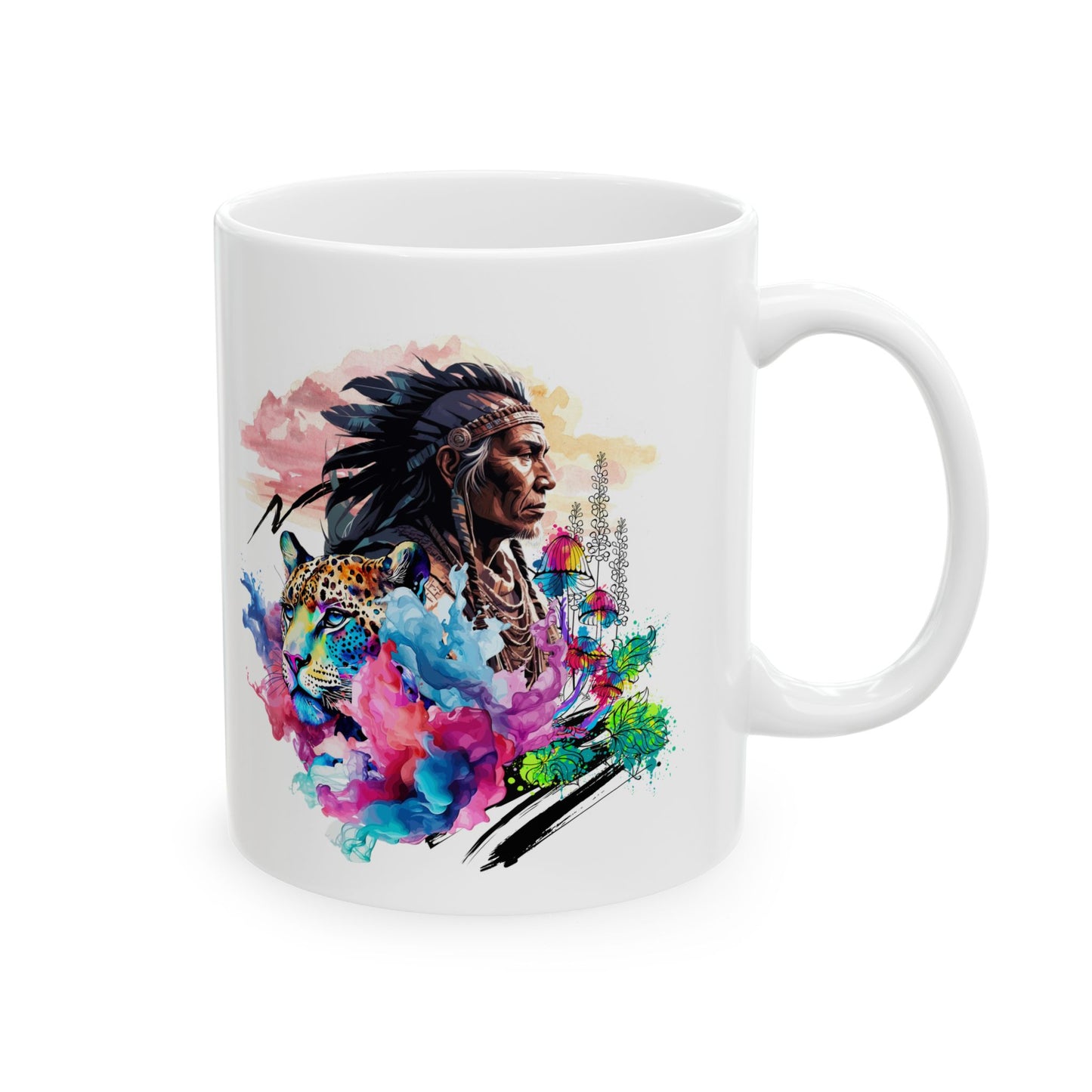 Taza de cerámica con espíritu chamán y jaguar: el regalo perfecto para los amantes del arte. 