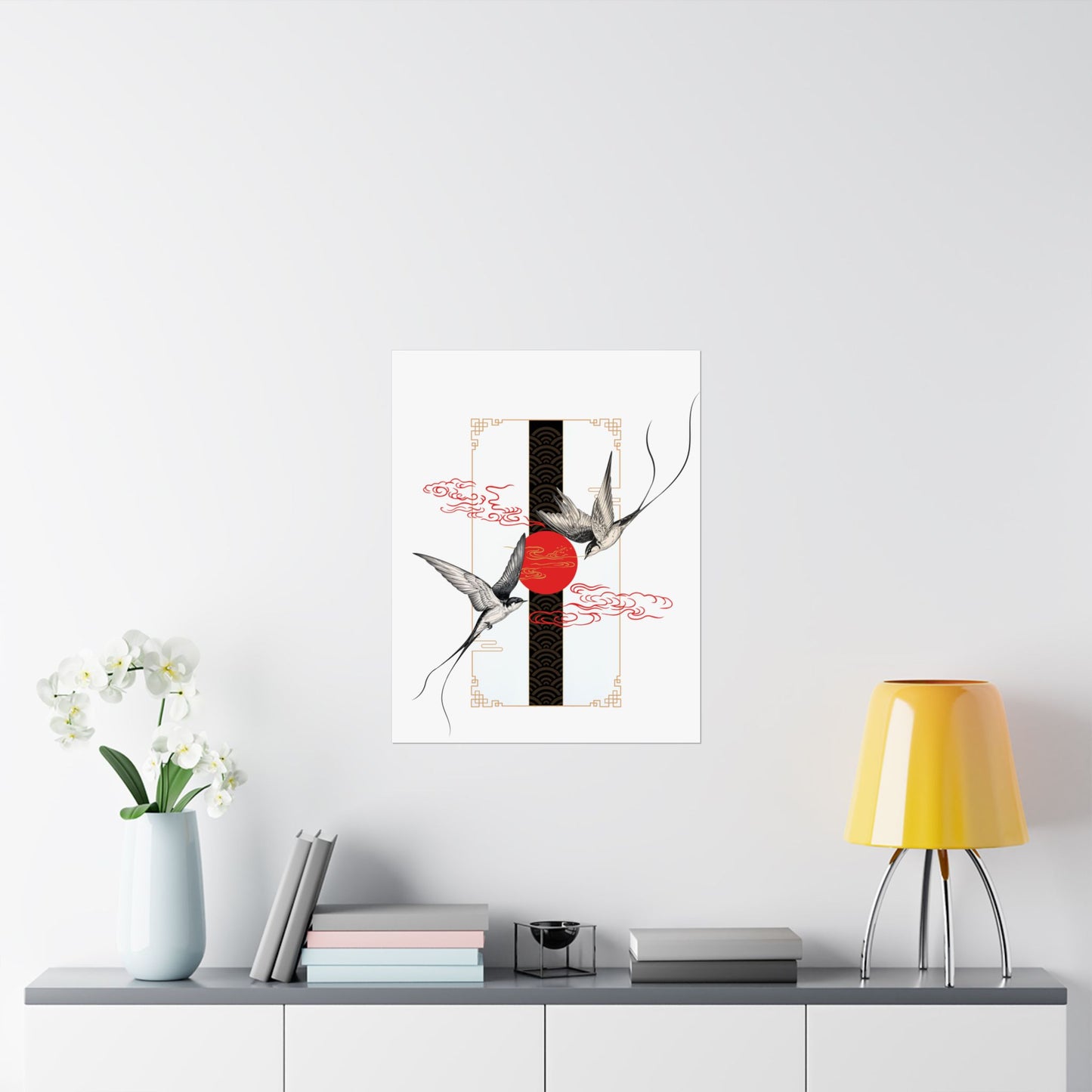 Asian-Inspired Vertical Poster – Swallows & Red Sun