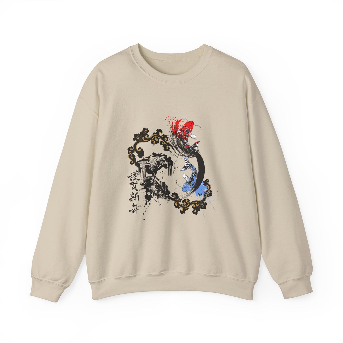 Sudadera unisex con diseño de geisha y koi con fusión de tinta japonesa