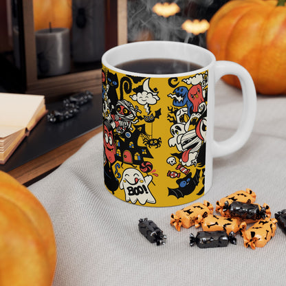 Taza de cerámica para café con collage de garabatos de Halloween