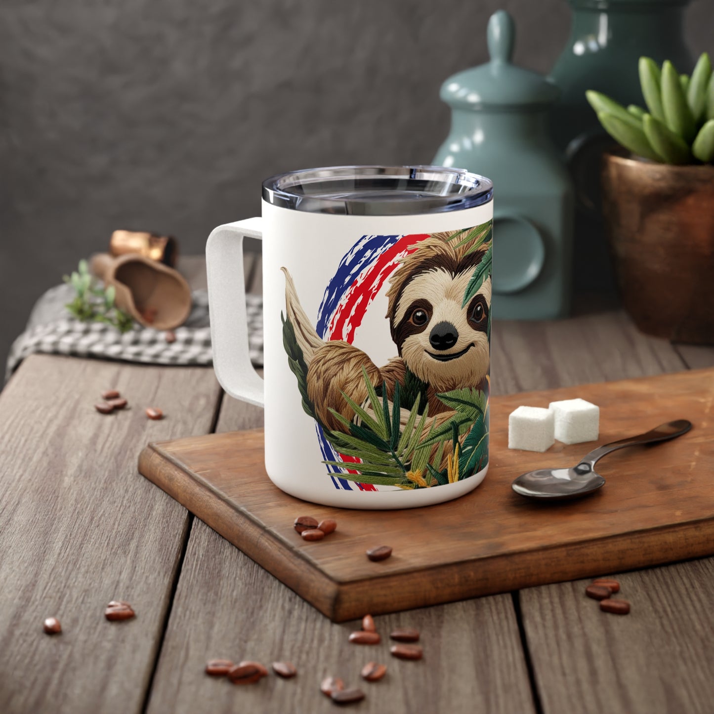 Taza térmica con diseño de perezoso – Arte bordado con ambiente tropical