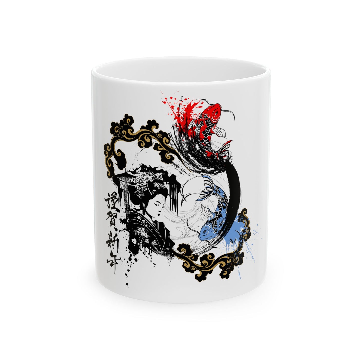 Japanese Ink Masterpiece Ceramic Mug – Geisha & Koi Design