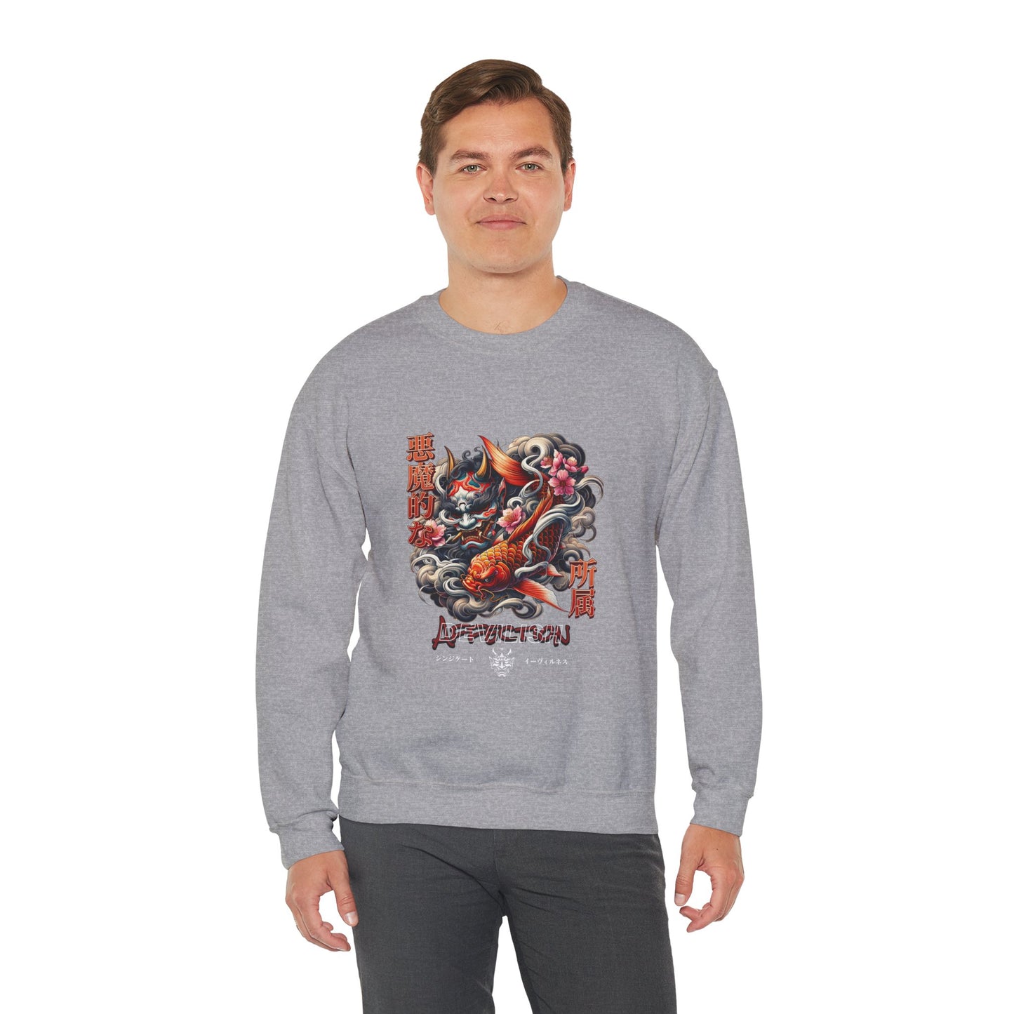 Japanese Oni Mask & Koi Fish Graphic Crewneck Sweatshirt