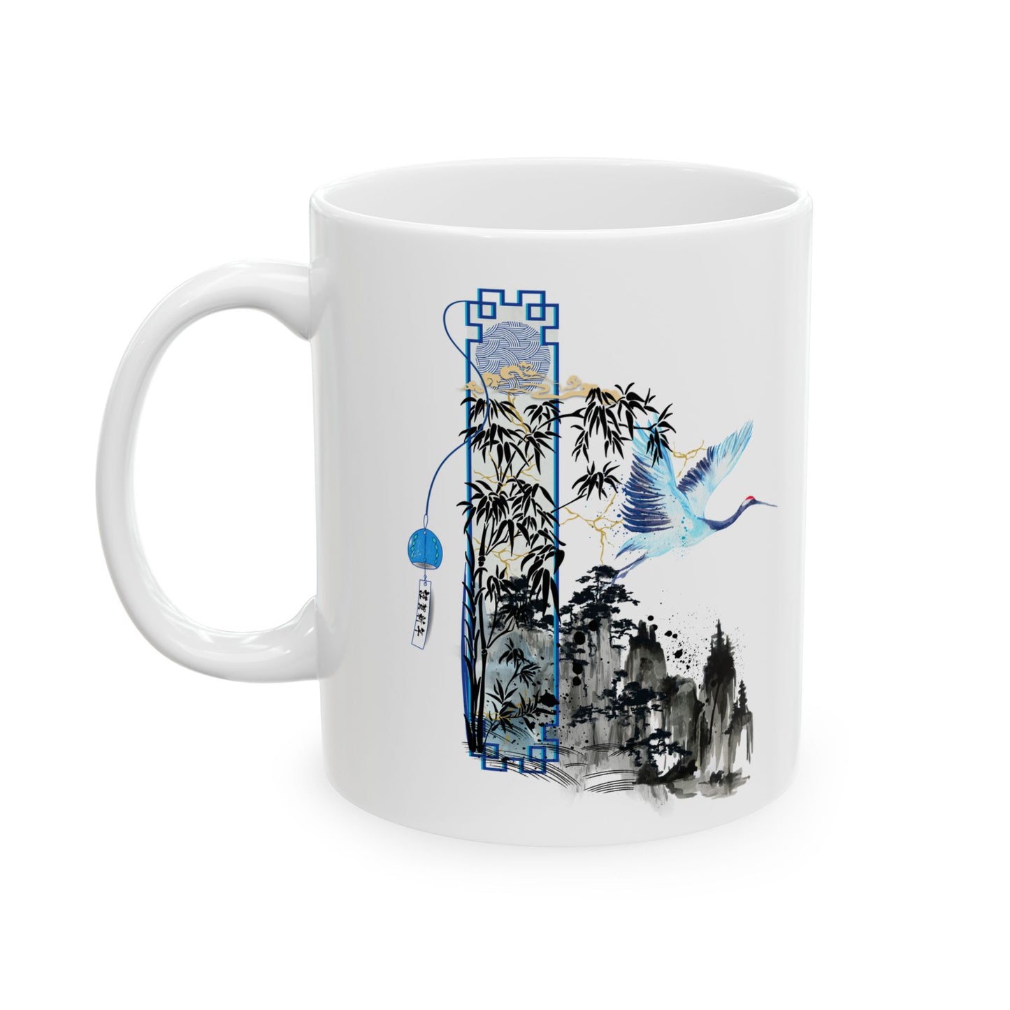 Taza de cerámica "Serene Crane" - Diseño de grúa tranquila (325 ml/440 ml)