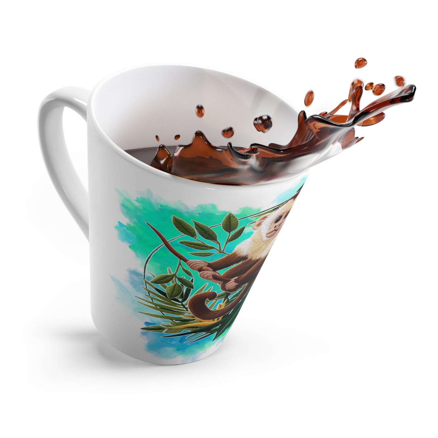 Taza de café con leche de mono y colibrí - Arte bordado