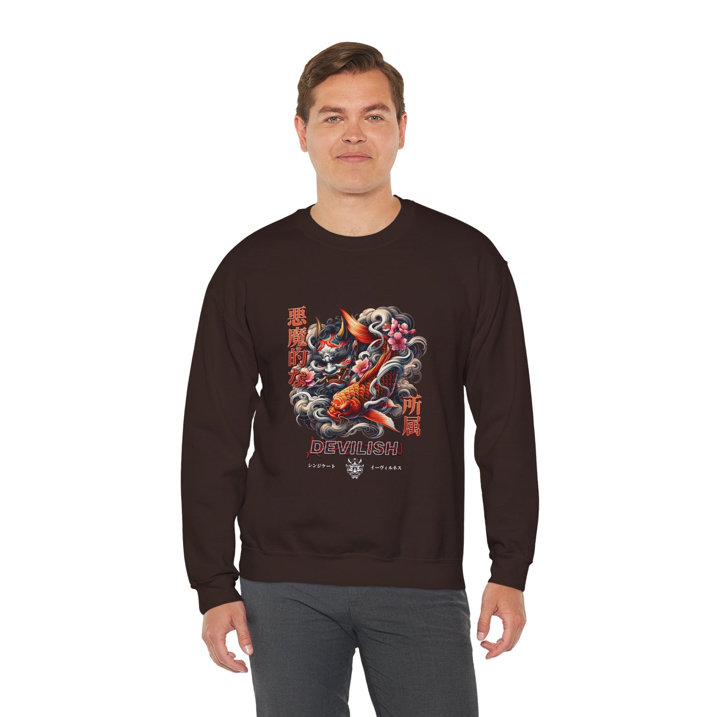 Japanese Oni Mask & Koi Fish Graphic Crewneck Sweatshirt