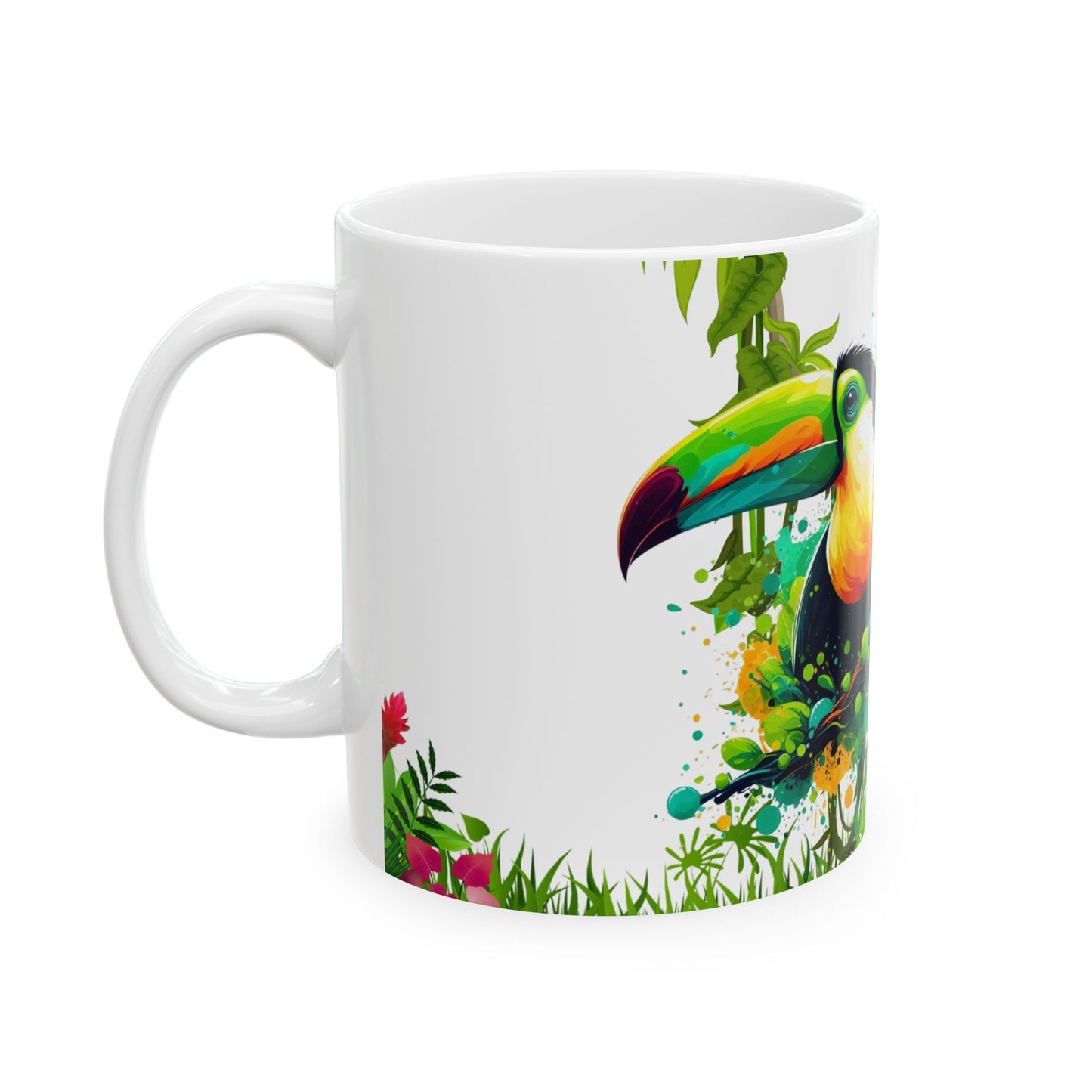 Taza de café con tucán y mariposa - Vibras tropicales