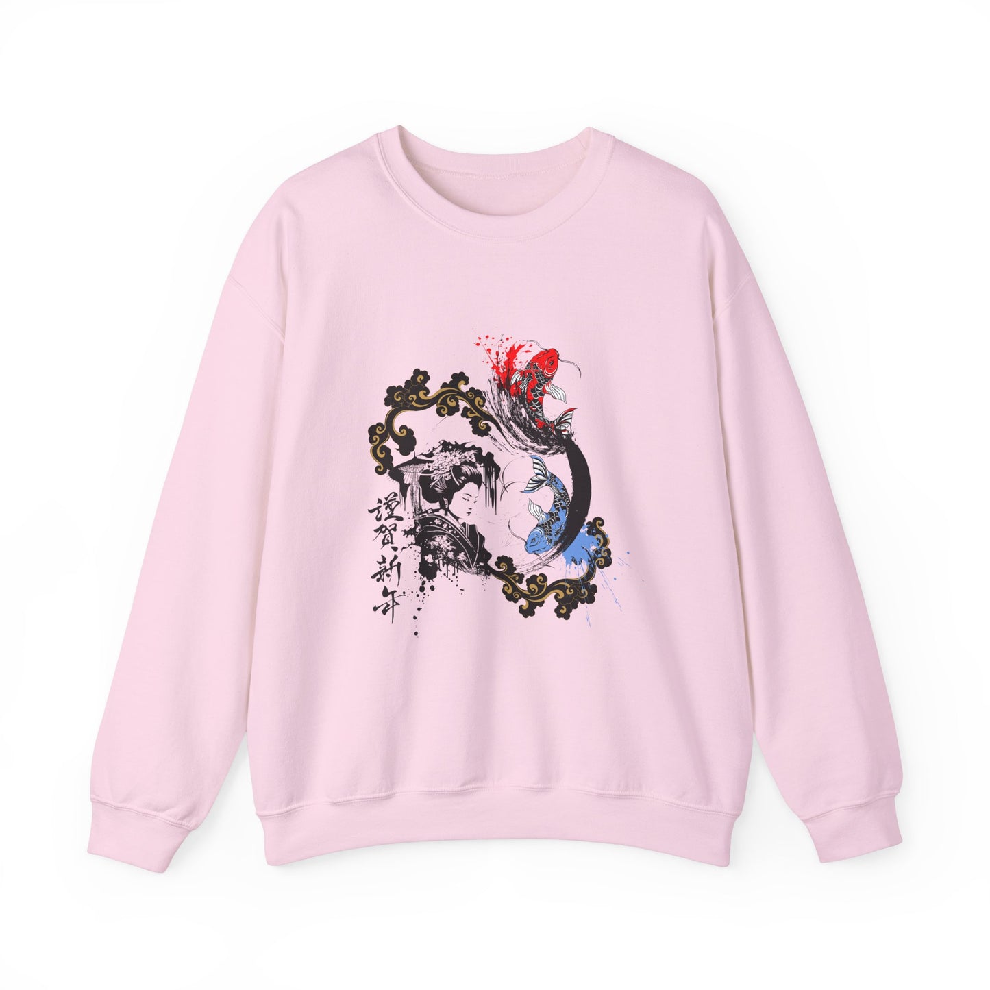 Sudadera unisex con diseño de geisha y koi con fusión de tinta japonesa