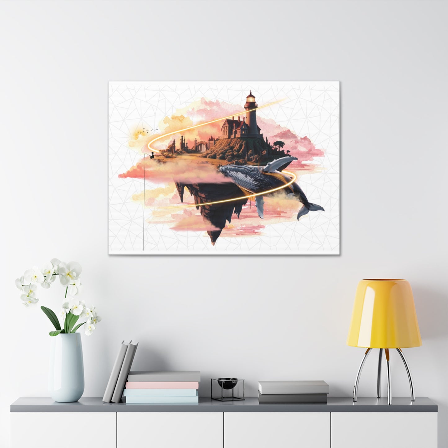 Surreal Flying Whale & Lighthouse Canvas Wraps