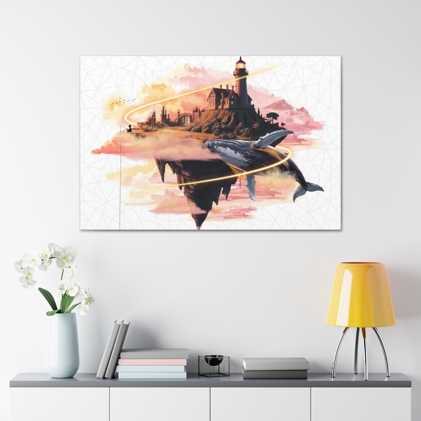 Surreal Flying Whale & Lighthouse Canvas Wraps