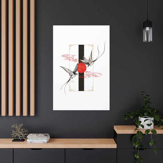 Asian-Inspired Canvas Wrap – Swallows & Red Sun Wall Art