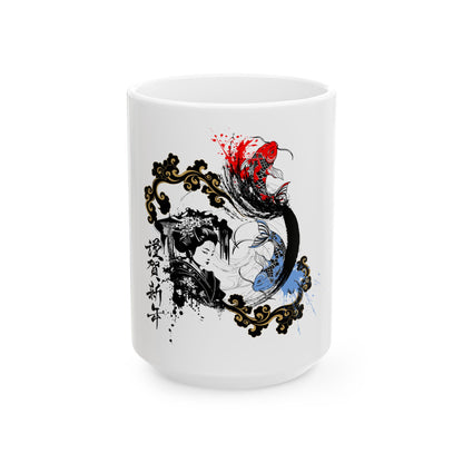 Japanese Ink Masterpiece Ceramic Mug – Geisha & Koi Design