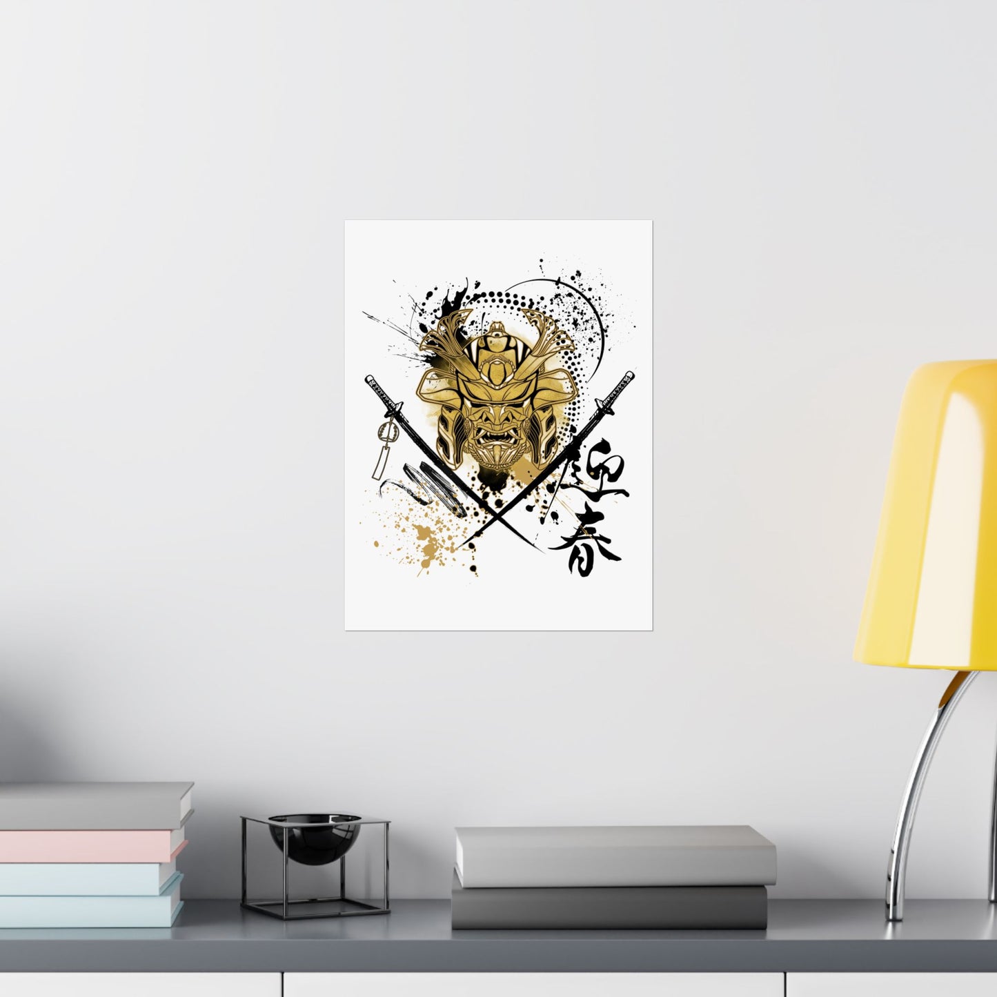 Samurai Warrior Helmet & Katanas Poster – Japanese Stencil Art