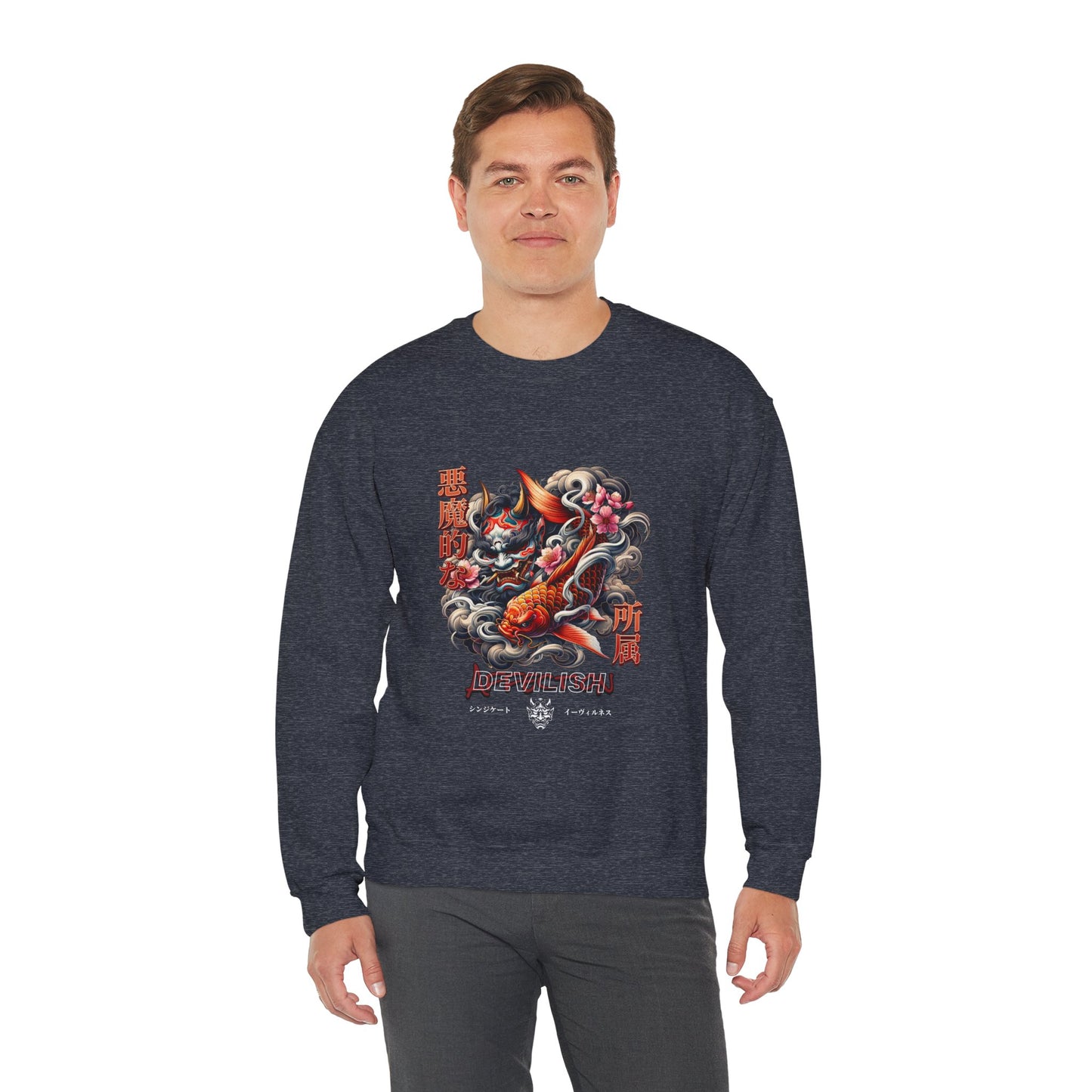 Japanese Oni Mask & Koi Fish Graphic Crewneck Sweatshirt