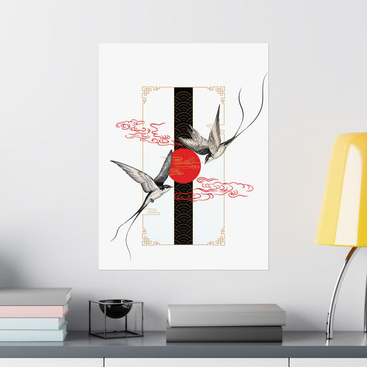 Asian-Inspired Vertical Poster – Swallows & Red Sun