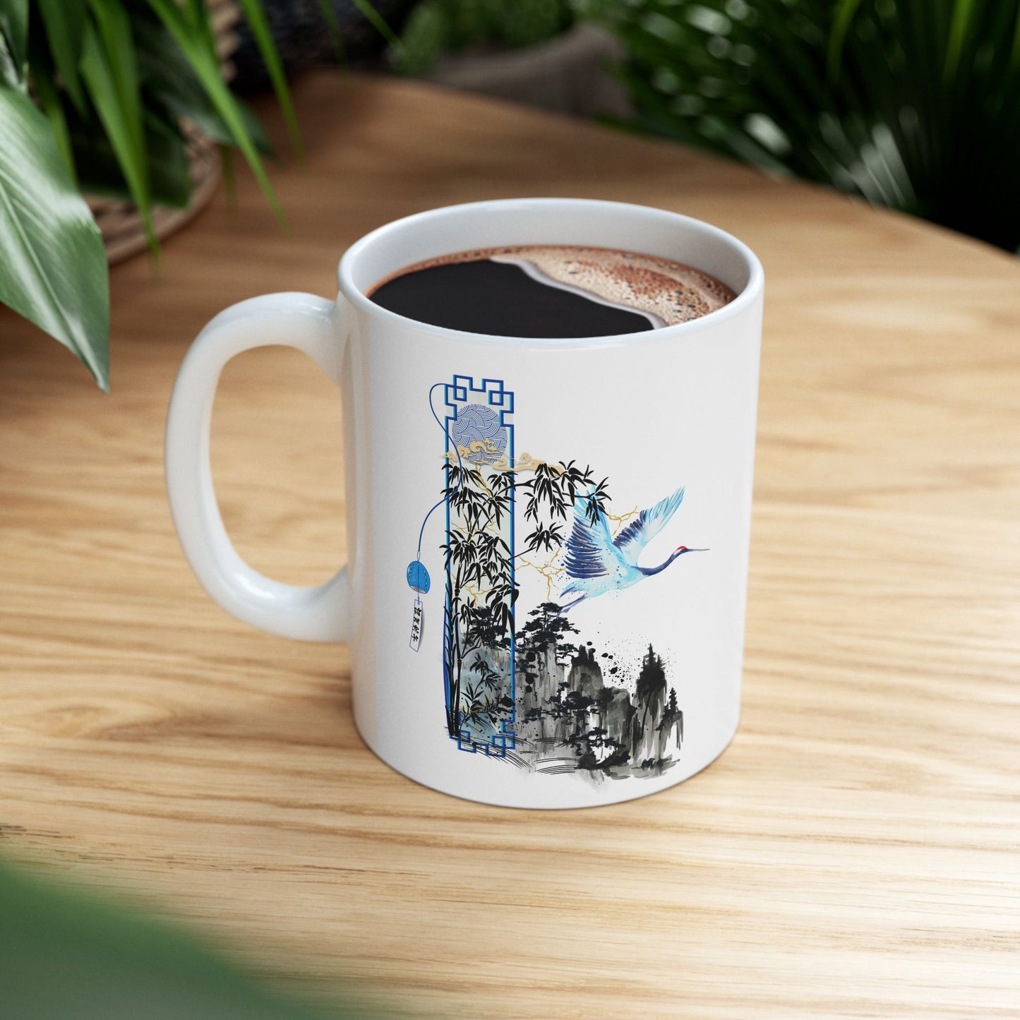 Taza de cerámica "Serene Crane" - Diseño de grúa tranquila (325 ml/440 ml)