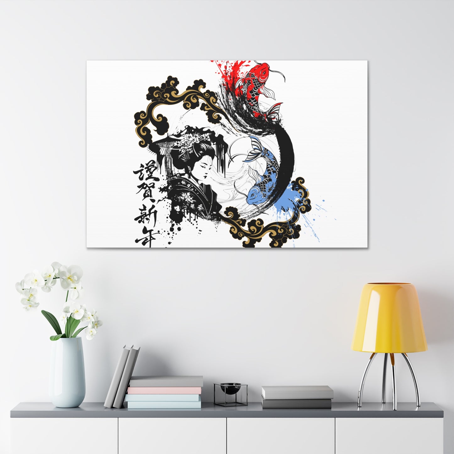 Japanese Ink Fusion Canvas Wrap - Geisha and Koi Fish Design