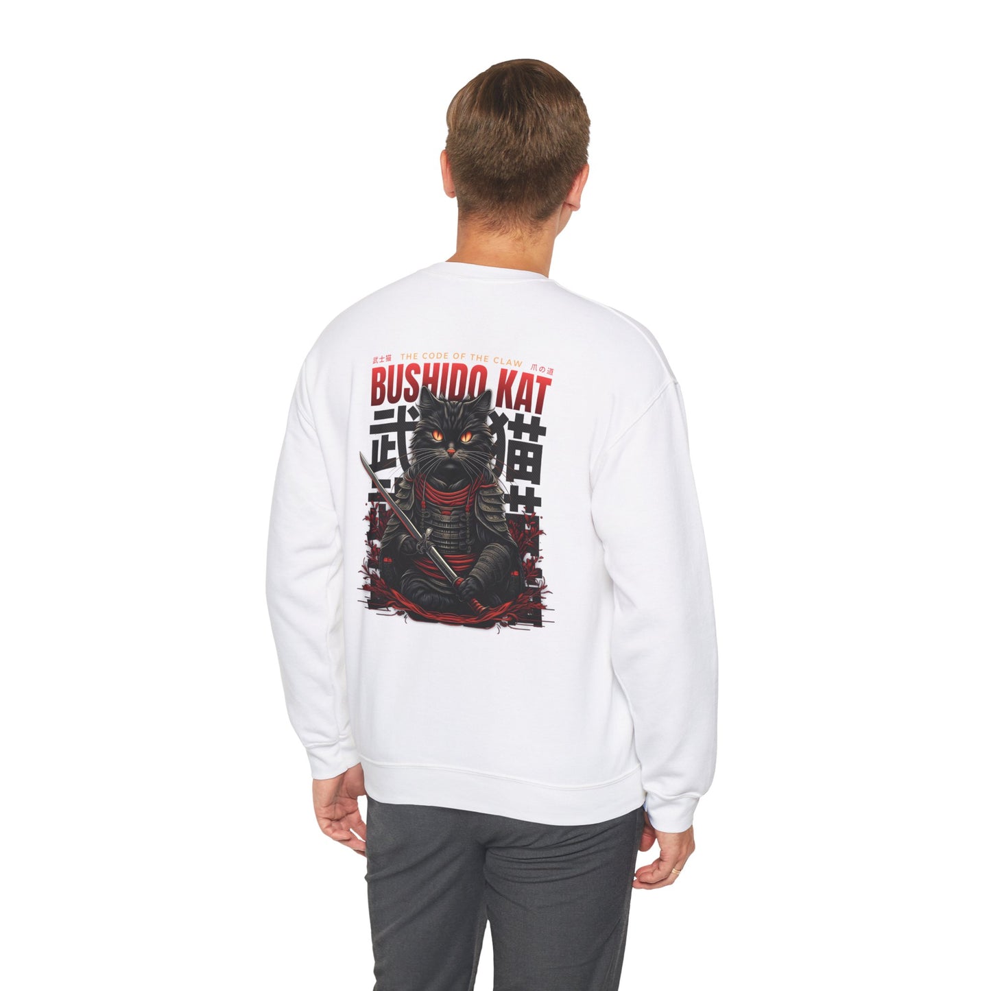 Sudadera con cuello redondo y diseño de gato Bushido – Cat Warrior Design