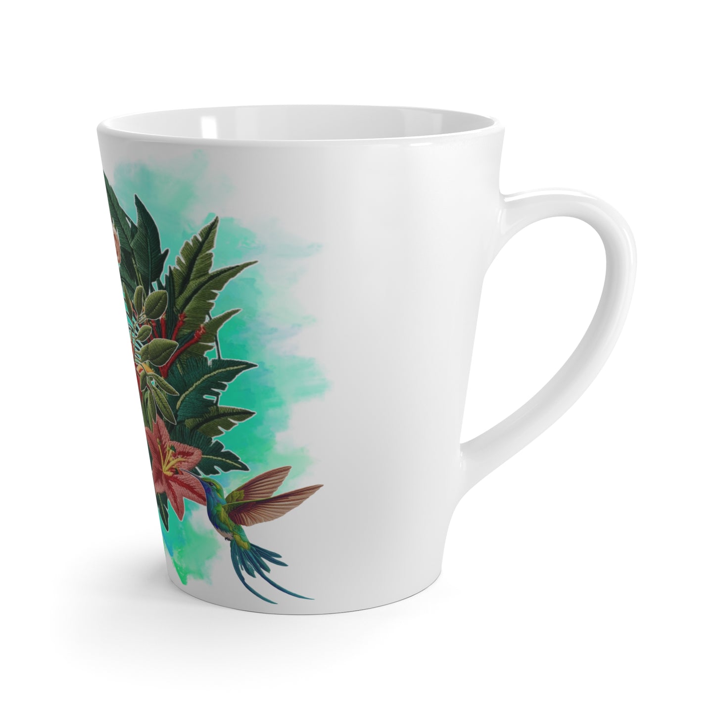 Taza de café con leche de mono y colibrí - Arte bordado