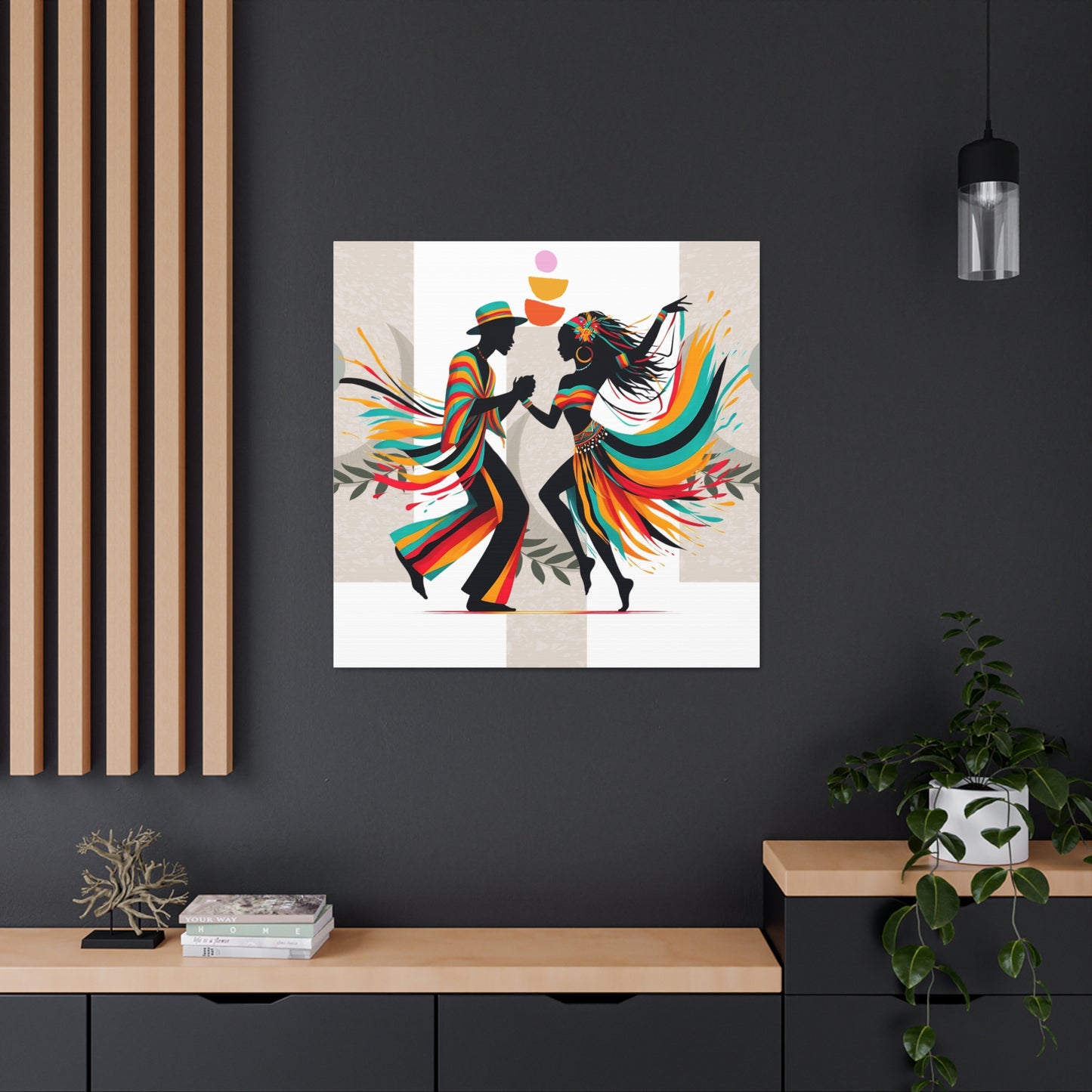 Bohemian Black Couple Canvas featuring minimalist Caribbean art that celebrates black culture. This premium canvas print adds a modern, sophisticated touch to any living room, bedroom, or office with rich details and a timeless aesthetic, perfect for art lovers and those who appreciate bold cultural expressions.