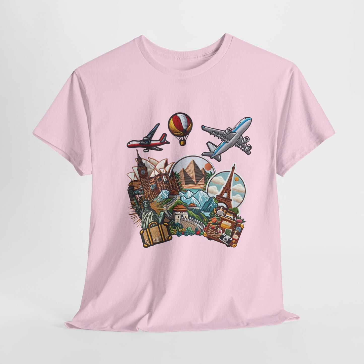 Unisex t-shirt featuring detailed embroidery patches and a travel-inspired graphic that evokes wanderlust. Perfect for adventurers and free-spirited nomads, this tee celebrates the thrill of travel and the art of exploration.